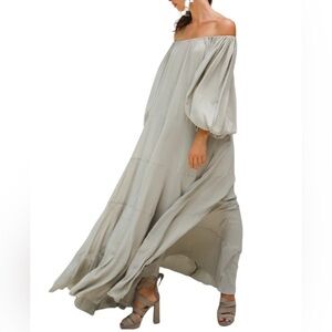 Off-Shoulder White Maxi Dress with Balloon Sleeves first photo to show style